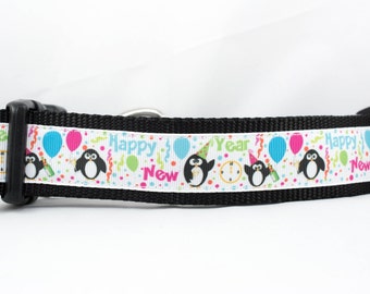 Happy New Year Dog Collar, 1.5" inch wide, buckle or martingale, black, celebrate, balloon, penguin