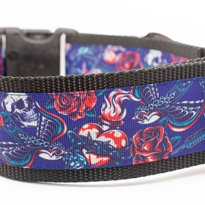 Ink and Bone Dog Collar - 2&quot; inch wide - tattoo dog collar - boy dog collar - buckle or martingale collar - adjustable - fun dog - rebel dog