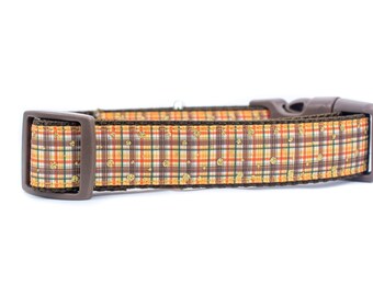 Brown Plaid Dog Collar - 1 inch wide - buckle or martingale - retro plaid collar - rustic dog collar - boy dog collar - fall dog collar