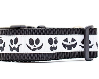 Spooky Pumpkin Face Dog Collar - 1.5 inch wide - buckle or martingale - Fall Halloween