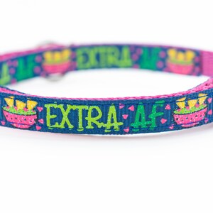 以下が含まれることがあります： 「EXTRA AF」という文字と、グアカモレとチップスの入ったボウルを描いた、青とピンクの犬用首輪です。