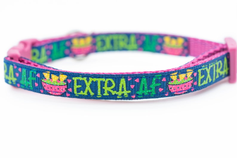 以下が含まれることがあります： 「EXTRA AF」という文字と、グアカモレとチップスの入ったボウルを描いた、青とピンクの犬用首輪です。