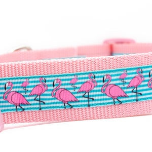 Striped Flamingo Dog Collar - 1.5 inch wide - buckle or martingale collar - tropical dog collar - girl dog collar - pink dog collar - summer