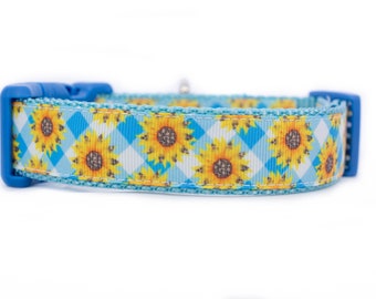Gingham Sunflower Dog Collar - 1 inch wide collar - buckle or martingale collar - floral dog collar - plaid collar - boy dog collar - summer