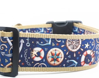 Nautical Gear Dog Collar - 2" inch wide - Nautical dog collar - large dog collar - sailing dog collar - Summer dog collar - anchor - boat