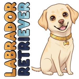 Op de afbeelding: Een cartoon illustratie van een lachende Labrador Retriever. De hond is lichtgeel met bruine ogen en een gouden halsband met een botvormig label. De woorden "Labrador Retriever" zijn verticaal gestapeld in oranje, blauw en marineblauw.