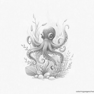 Grayscale illustration for coloring: a detailed octopus with expressive eyes sits among seaweed, corals, leaves, and pebbles, drawn in a soft style for creative relaxation