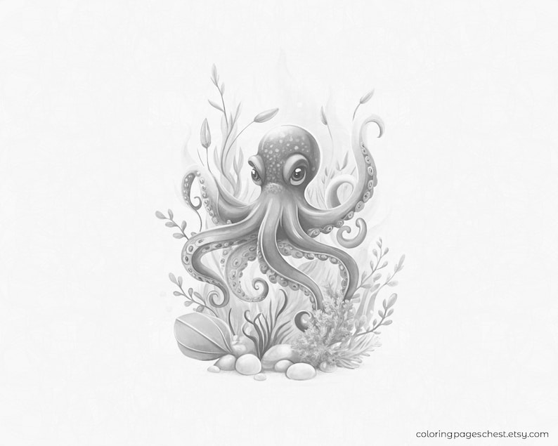 Grayscale illustration for coloring: a detailed octopus with expressive eyes sits among seaweed, corals, leaves, and pebbles, drawn in a soft style for creative relaxation