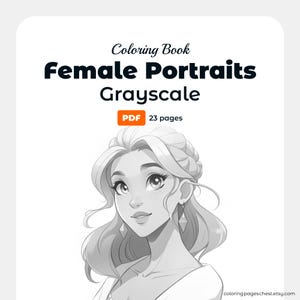 Grayscale coloring book cover with stylized female portrait, with braided hair and flowing strands; text: Coloring Book, Female Portraits Grayscale, PDF 23 pages