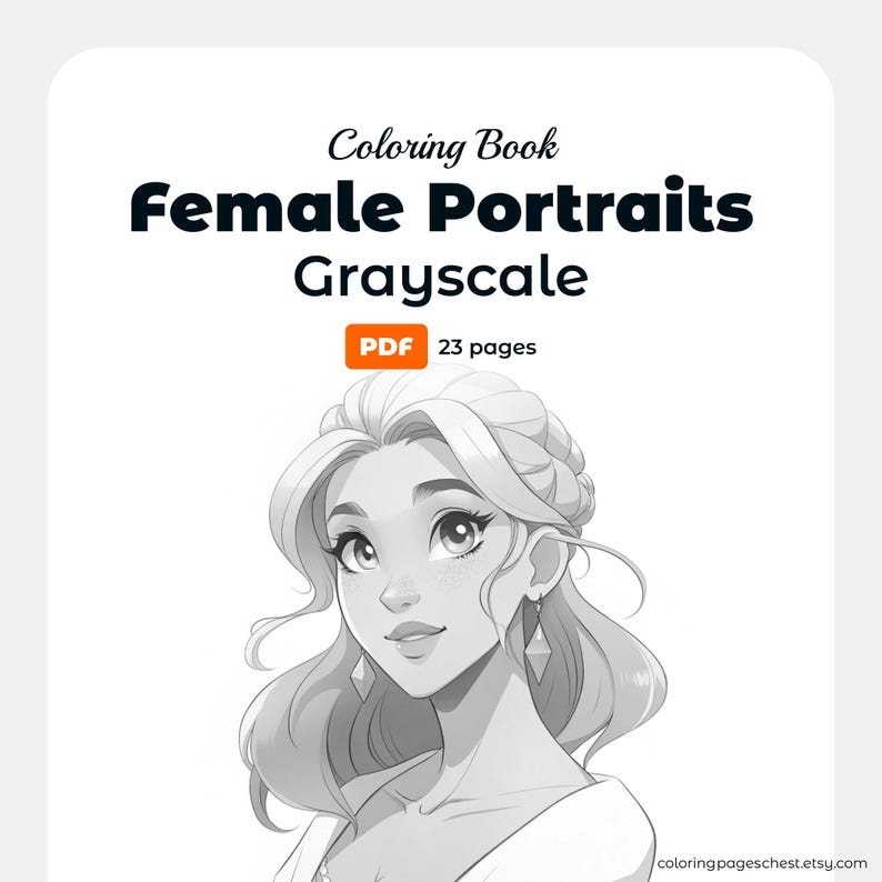 Grayscale coloring book cover with stylized female portrait, with braided hair and flowing strands; text: Coloring Book, Female Portraits Grayscale, PDF 23 pages