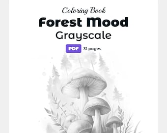 Libro para colorear con temática de bosque, sombreado en escala de grises, escenas de bosque (patrón en PDF)