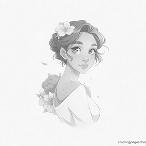Grayscale portrait for coloring: a young woman with flowers in her hair looks over her shoulder, her hair styled in an elegant updo, delicate petals and leaves accenting her hairstyle, with soft features and a gentle expression