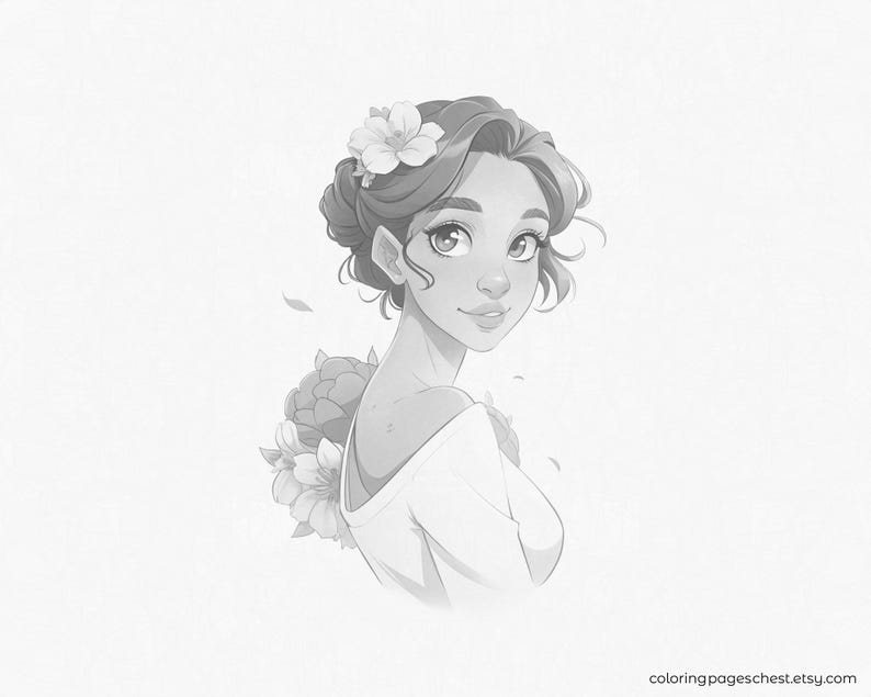 Grayscale portrait for coloring: a young woman with flowers in her hair looks over her shoulder, her hair styled in an elegant updo, delicate petals and leaves accenting her hairstyle, with soft features and a gentle expression