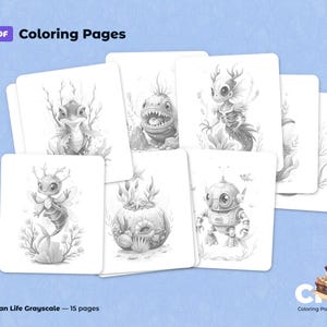 Preview image of the grayscale PDF coloring book «Ocean Life», displaying several illustrated pages with whimsical ocean creatures, fantasy fish, and a robot diver, along with Coloring Pages Chest Etsy shop branding and information about 15 included pages