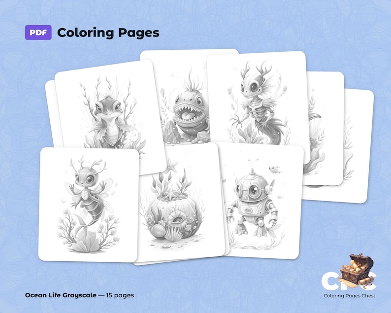 Preview image of the grayscale PDF coloring book «Ocean Life», displaying several illustrated pages with whimsical ocean creatures, fantasy fish, and a robot diver, along with Coloring Pages Chest Etsy shop branding and information about 15 included pages