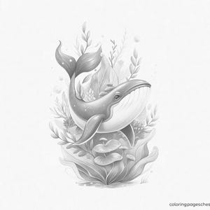 Grayscale illustration for coloring: a joyful whale with expressive eyes swims upwards, surrounded by aquatic plants, algae, leaves, and air bubbles, designed in a soft and imaginative style for creative relaxation