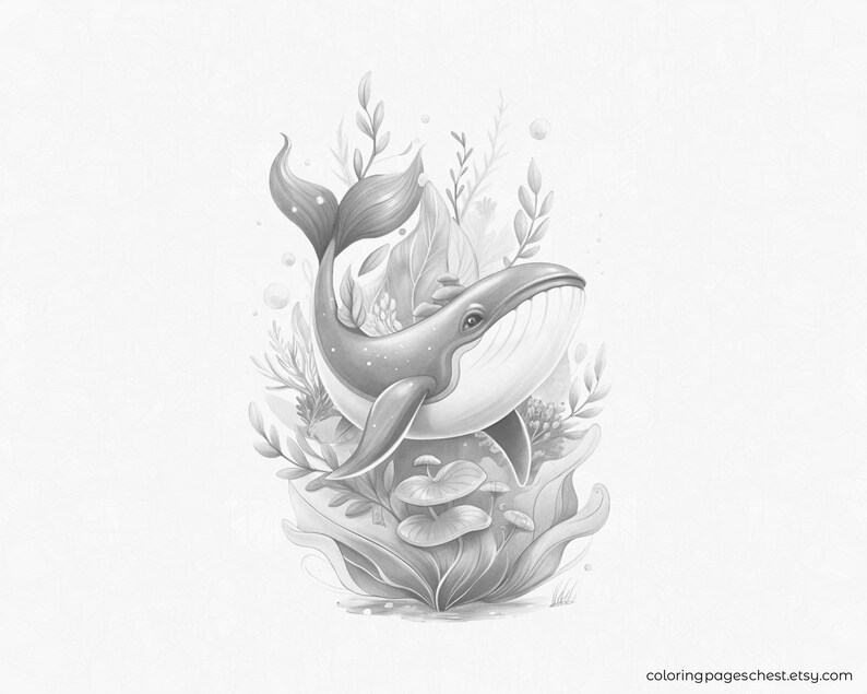 Grayscale illustration for coloring: a joyful whale with expressive eyes swims upwards, surrounded by aquatic plants, algae, leaves, and air bubbles, designed in a soft and imaginative style for creative relaxation