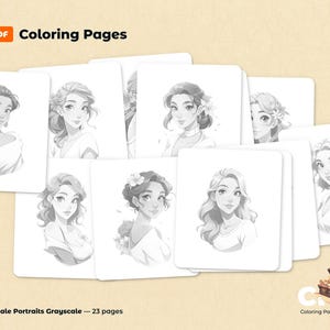 Grayscale coloring pages featuring stylized female portraits with different hairstyles and accessories, each on a white background; text: PDF Coloring Pages, Female Portraits Grayscale - 23 pages