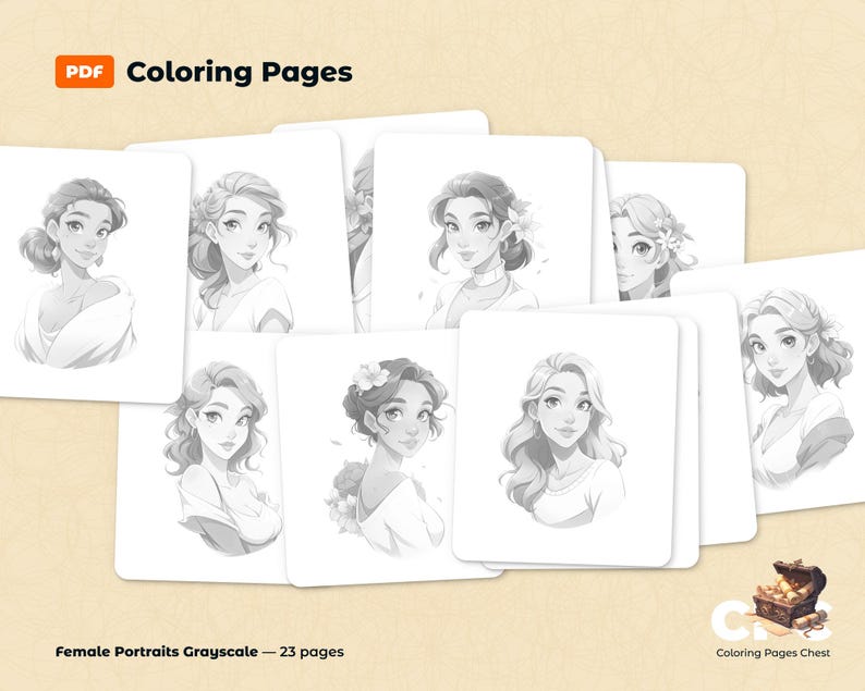 Grayscale coloring pages featuring stylized female portraits with different hairstyles and accessories, each on a white background; text: PDF Coloring Pages, Female Portraits Grayscale - 23 pages