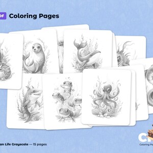 Preview image of the grayscale PDF coloring book «Ocean Life» showing several illustrated pages with ocean animals, including a seal, whale, octopus, fish, shark, frogs, and eel, with Coloring Pages Chest Etsy shop branding and indication of 15 pages