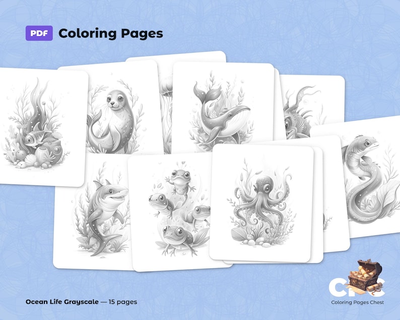 Preview image of the grayscale PDF coloring book «Ocean Life» showing several illustrated pages with ocean animals, including a seal, whale, octopus, fish, shark, frogs, and eel, with Coloring Pages Chest Etsy shop branding and indication of 15 pages