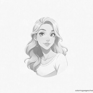 Grayscale portrait for coloring: a young woman with long, wavy hair wearing a simple sweater, depicted with soft shading and gentle lines