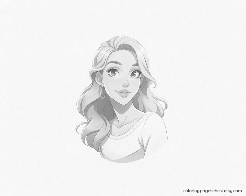 Grayscale portrait for coloring: a young woman with long, wavy hair wearing a simple sweater, depicted with soft shading and gentle lines