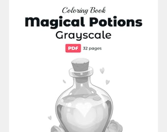 Libro para colorear de pociones mágicas, sombreado en escala de grises, 32 páginas (PDF)