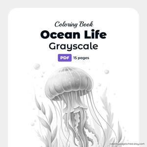 Cover preview of a grayscale PDF coloring book titled «Ocean Life», showing an illustration of a jellyfish with seaweed and text indicating it includes 15 pages. Branding from Coloring Pages Chest Etsy shop