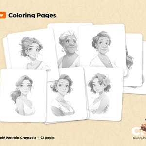 Grayscale coloring pages featuring stylized female portraits with different hairstyles and accessories, each on a white background; text: PDF Coloring Pages, Female Portraits Grayscale - 23 pages