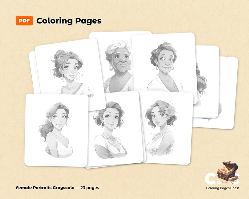 Grayscale coloring pages featuring stylized female portraits with different hairstyles and accessories, each on a white background; text: PDF Coloring Pages, Female Portraits Grayscale - 23 pages