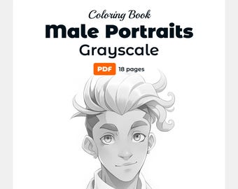 Male Portraits Coloring Book, Grayscale Shading (18 Pages) (PDF Pattern)