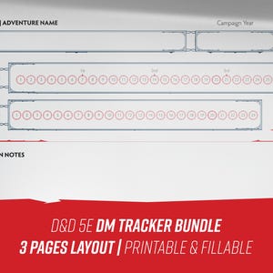 Può includere: Un pacchetto di tracker D&D 5E DM bianco con un banner rosso in basso. Il tracker include campi per il nome della campagna, l'anno, i giorni, le ore trascorse e le note della sessione. È visibile anche il testo "3 Pages Layout | Printable & Fillable".