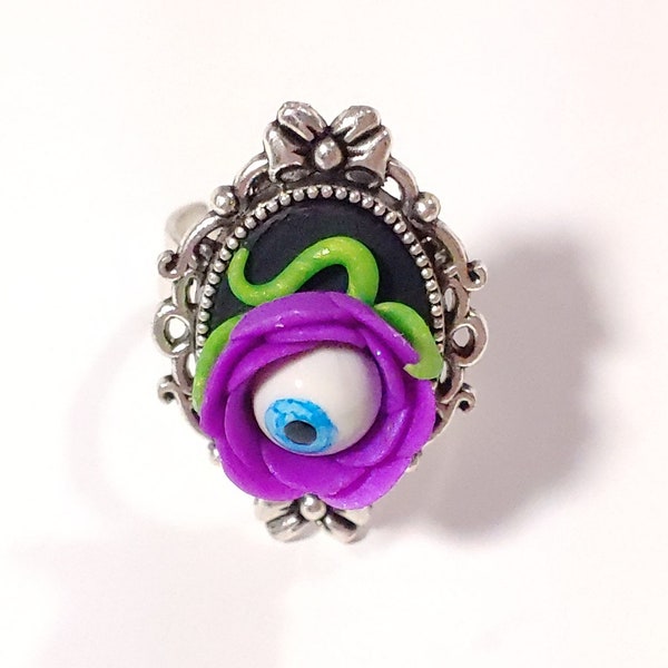 Purple eyeball flower cameI ring, oddities jewelry, eyeball roses, curious cameo, Halloween eye flower, Halloween jewelry, gothic lolita