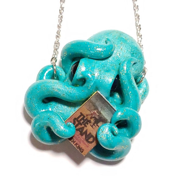 Octopus holding a book necklace, the stand, Stephen King necklace, booktopus, book necklace, book lover, book gift, octopus gift