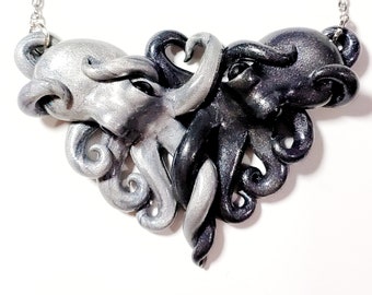 Hugging Octopuses Necklace,  silver and gunmetal, octopuses in love, bff gift, intertwined octopi, two octopuses, octopus jewelry, octopus