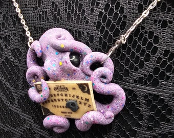 Octopus playing ouija board necklace, octopus jewelry, ouija jewelry, Halloween jewelry, spooky octopus, spirit board