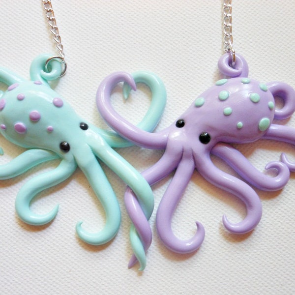 Intertwined Octopi in love Necklace, mint and lavender