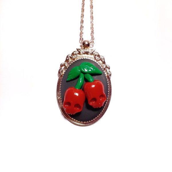 Cherry skull cameo necklace, skull jewelry, cherry jewelry, Alternative jewelry, skull gift, donna the dead, cherry skulls