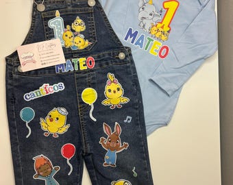 Personalized Custom Birthday Outfit Overalls & T-Shirt Set Overol Camisa Conjunto Cumpleaños Personalizado Ropa Regalo Pollitos Pio Pio