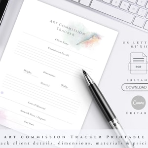 May include: A white printable art commission tracker with the text "ART COMMISSION TRACKER" and fields for client details, dimensions, and pricing. Includes a pen, a keyboard, and a tablet. The paper size is 8.5 x 11 inches.