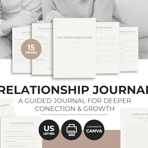 Può includere: Un diario di relazione con 15 pagine, con spunti per una connessione e una crescita più profonde. Il diario include pagine per appuntamenti, tradizioni di relazione e spunti di conversazione. Il testo "Our Relationship Journal" è visibile.