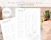 Minimalist Grocery Checklist Printable, Weekly Grocery List PDF, Neutral Kitchen Planner, Instant Download