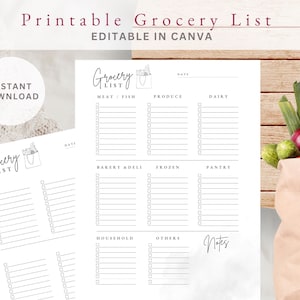 Lista della spesa stampabile, modello Canva modificabile, lista di controllo per gli acquisti (download digitale)