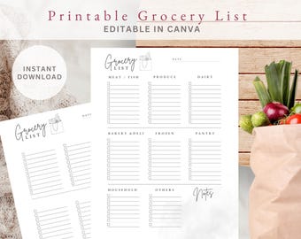 Lista de la compra imprimible, plantilla editable de Canva, lista de verificación de compras (descarga digital)