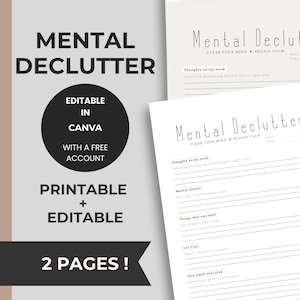 Op de afbeelding: Een tweezijdig Mental Declutter printbaar sjabloon met secties voor gedachten, mentale rommel, dingen die kunnen wachten, loslaten en een kleine volgende stap. Het document bevat de tekst Mental Declutter, Clear Your Mind, Regain Calm, Editable in Canva with a free account en 2 Pages.