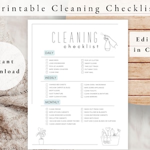 May include: Printable cleaning checklist with a hand holding a spray bottle. The checklist is divided into daily, weekly, and monthly tasks. The tasks include making beds, loading the dishwasher, picking up laundry, wiping down counters, cleaning the sink, picking up clutter, sweeping floors, taking out the trash, putting away toys, sorting mail, changing bed sheets, vacuuming carpets and rugs, mopping floors, dusting furniture, deep cleaning the kitchen, cleaning the fridge, wiping kitchen cabinets, cleaning windows and doors, decluttering cabinets, vacuuming and cleaning under the bed, cleaning under heavy furniture, washing out trash cans, washing pillows and blankets, cleaning bathroom cabinets, washing bath rugs, and dusting and cleaning blinds or curtains.