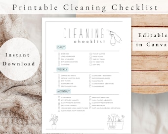 May include: Printable cleaning checklist with a hand holding a spray bottle. The checklist is divided into daily, weekly, and monthly tasks. The tasks include making beds, loading the dishwasher, picking up laundry, wiping down counters, cleaning the sink, picking up clutter, sweeping floors, taking out trash, putting away toys, sorting mail, changing bed sheets, vacuuming carpets and rugs, mopping floors, dusting furniture, deep cleaning the kitchen, cleaning the fridge, wiping kitchen cabinets, cleaning windows and doors, decluttering cabinets, vacuuming and cleaning under the bed, cleaning under heavy furniture, washing out trash cans, washing pillows and blankets, cleaning bathroom cabinets, washing bath rugs, and dusting and cleaning blinds or curtains.