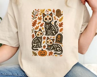 Sugar Skull Cat Shirt | Dia De Los Muertos | Halloween Cat Mom Shirt | Skeleton Cat T-Shirt