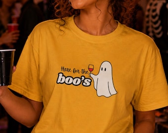 Here for The Boos Halloween Shirt: Spooky Ghost Graphic Cotton Tee